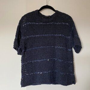 Chandail bleu nuit ajouré avec insertions métallisées